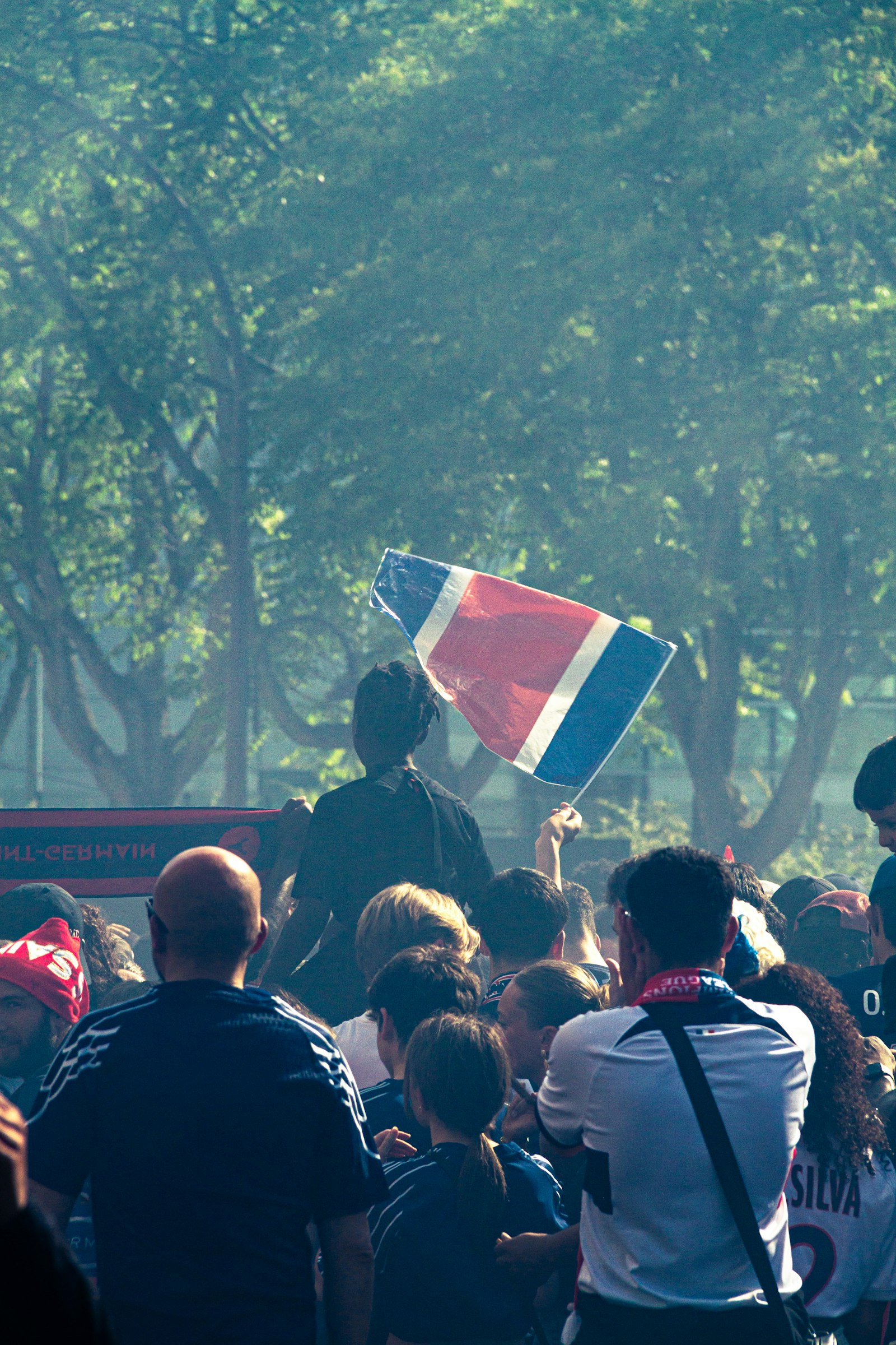 Fans celebrating with a flag in a crowd